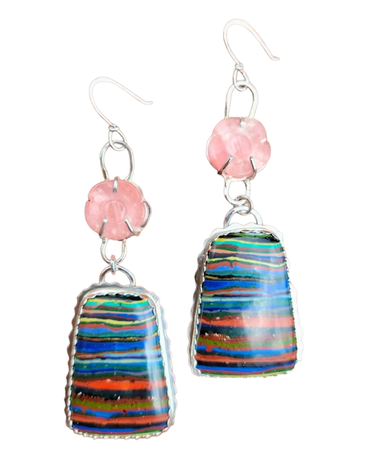 "Over The Rainbow" Sterling Silver, Cherry Quartz, & Rainbow Calsilica Earrings