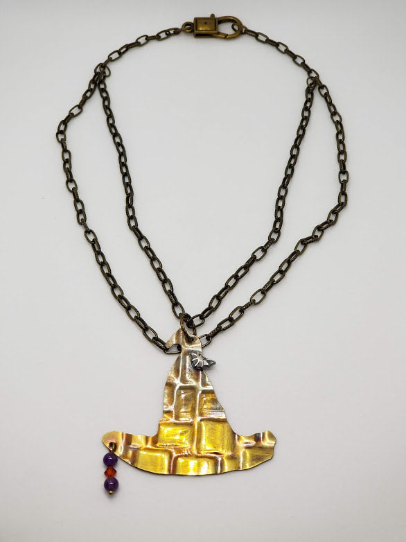 "Witches and Bats" Brass Necklace