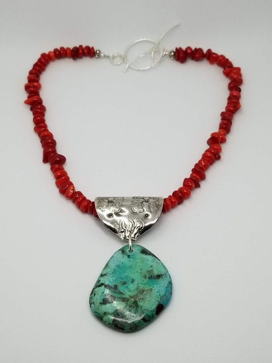 "Cowgirl Chic" Turquoise & Coral Sterling Silver Necklace