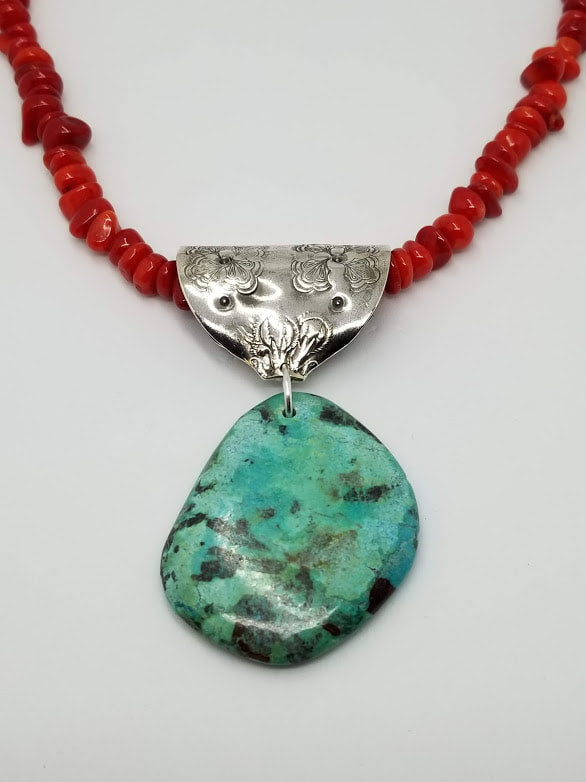 "Cowgirl Chic" Turquoise & Coral Sterling Silver Necklace