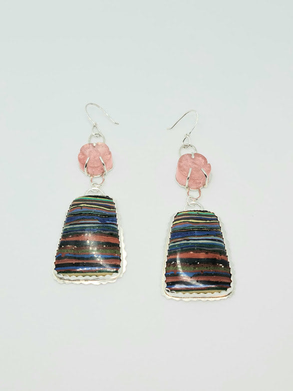 "Over The Rainbow" Sterling Silver, Cherry Quartz, & Rainbow Calsilica Earrings