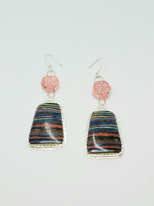 "Over The Rainbow" Sterling Silver, Cherry Quartz, & Rainbow Calsilica Earrings