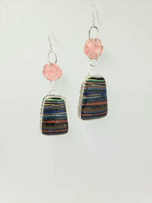"Over The Rainbow" Sterling Silver, Cherry Quartz, & Rainbow Calsilica Earrings