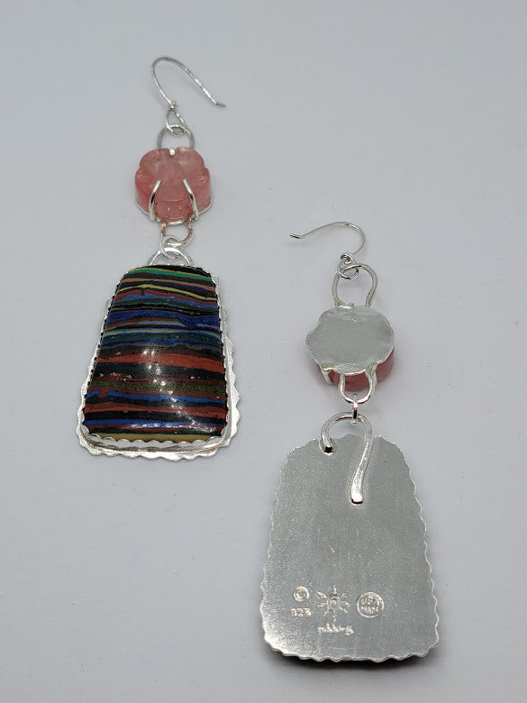 "Over The Rainbow" Sterling Silver, Cherry Quartz, & Rainbow Calsilica Earrings