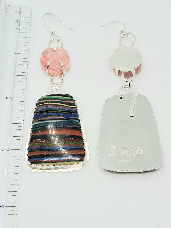 "Over The Rainbow" Sterling Silver, Cherry Quartz, & Rainbow Calsilica Earrings