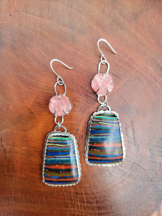 "Over The Rainbow" Sterling Silver, Cherry Quartz, & Rainbow Calsilica Earrings