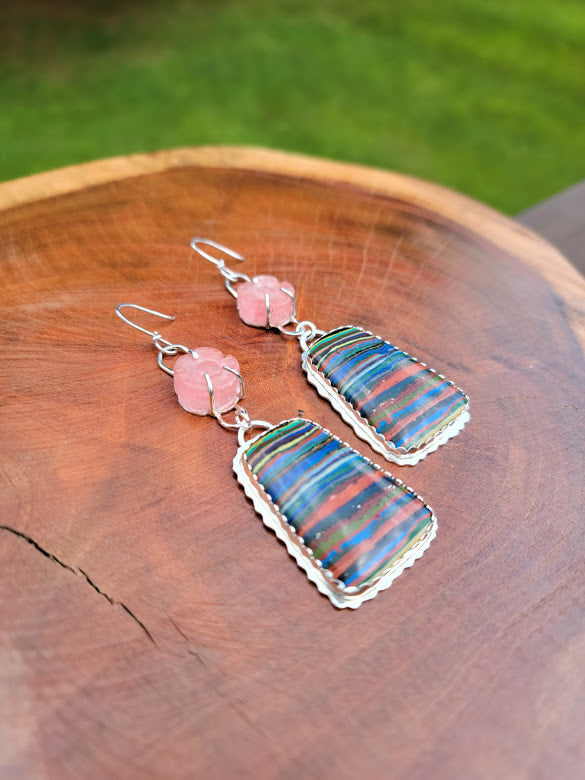 "Over The Rainbow" Sterling Silver, Cherry Quartz, & Rainbow Calsilica Earrings