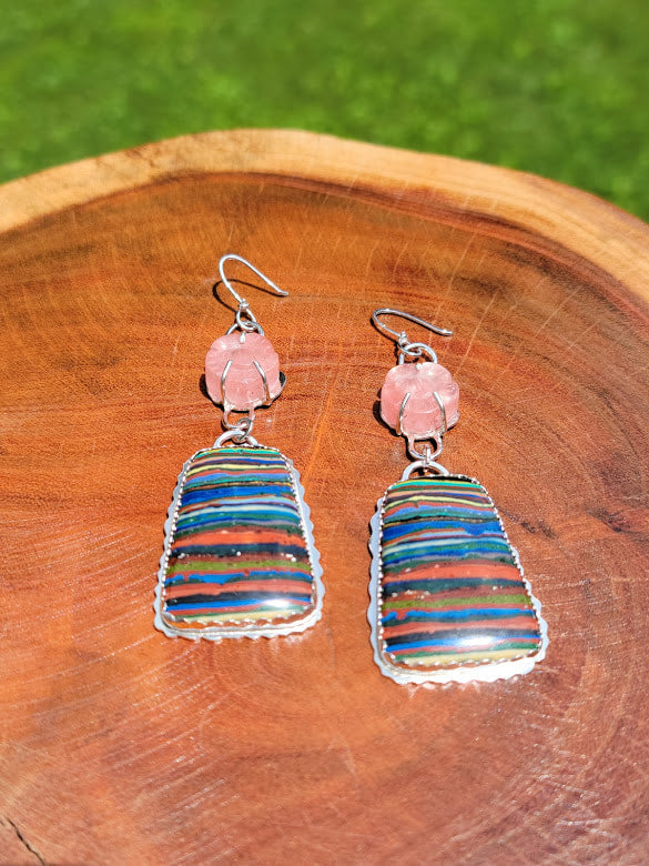 "Over The Rainbow" Sterling Silver, Cherry Quartz, & Rainbow Calsilica Earrings